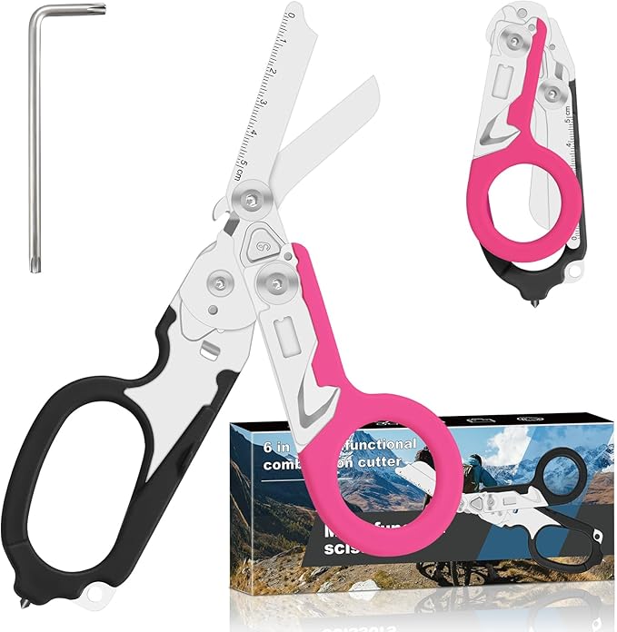 6 in 1 Multifunctional Combination Tool, Folding Retractable Emergency Shears, Outdoor Camping Tools, Seat Belt Cutter, Oxygen Cylinder Wrench, Complimentary Adjustable Wrench (Black Pink)