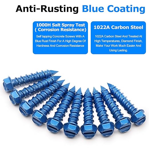 100PCS Concrete Screws Assortment Kit, 1/4" x1-1/4 Masonry Screws with Drill Bit and Driver Bit, Hex Head Cement Screws and Anchor, Diamond Point, Self Tapping Concrete Brick or Stucco, Blue Coated