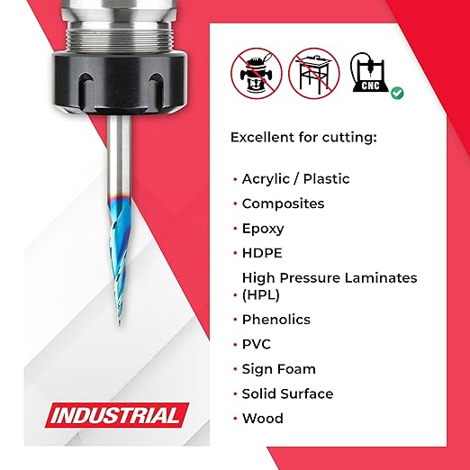 Amana Tool Carbide Up Cut Spiral CNC Router Bits for 2D/3D Carving, 46280-K, 6.2 Deg Tapered Angle Ball Tip x 1/32 D x 1/64 R x 1 x 1/4 Shank 3 Flute