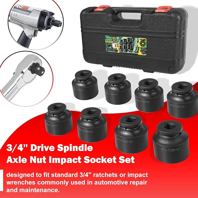 8PCS 3/4" Drive Spindle Axle Nut Impact Large Socket Set, 2-1/16" to 2-1/2", CR-MO Steel, 6-Point