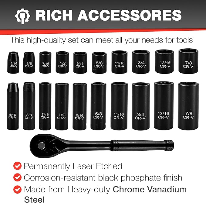 21pcs 3/8" Socket Set,Drive Impact Socket Set, SAE, Deep & Shallow, Cr-V Steel, 6 Point with Adapters, 72T Ratchet Handle, 5/16-7/8inch