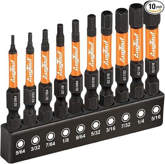toolant 10pcs (SAE) 1/4' Hex-Shank S2 Steel Hex Bits Set, CNC Machined Tips with Magnetism, 2' Long with Storage Box