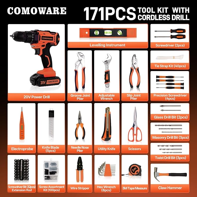 COMOWARE 20V Cordless Drill Set, 171Pcs Home Tool Set with Cordless Drill Driver, Complete Repair Tool Kit for Men, Storage Bag, Ideal for Office, Garden, DIY Project