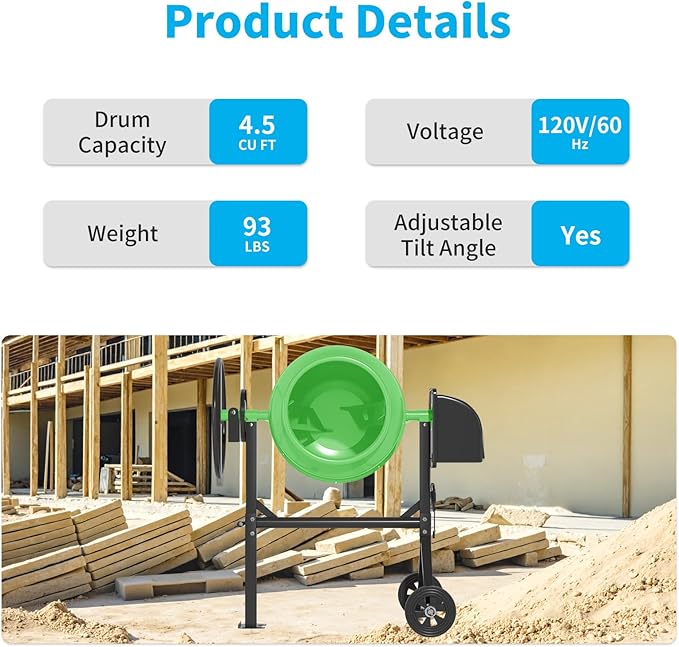 4.5 Cu.Ft. Electric Cement Mixer, 120L Dumb Portable Concrete Mixer with wheel&Stand,120V Mortar For Concreat,Mortar,Feeds and Seeds, Green