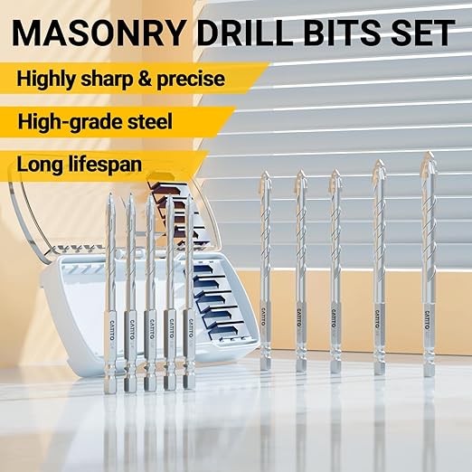 CATITO Multi-Tooth Concrete Drill Bit Set - 10PCS, Multi-Tooth Masonry Drill Bit, Carbide Tipped, Hexagonal Shank Drill bit, Glass, Brick, Ceramics, Plastic and Wood