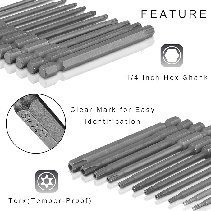 JONMON Torx Screwdriver Bit Sets, 11pcs T6-T40 Magnetic 100mm Security Torx Tamper Proof with 1/4 inch Quick Change Hex Shank Screw Driver Bit Tool