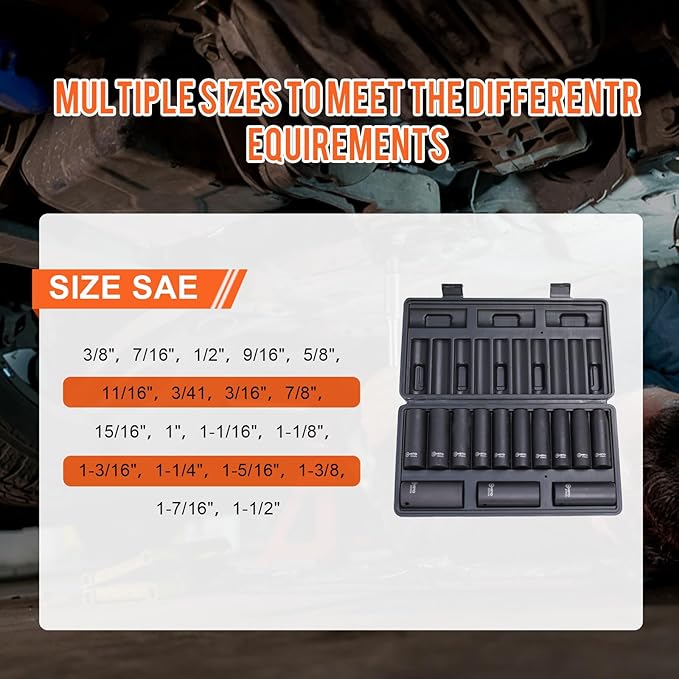 1/2" Drive Deep Impact Socket Set, 13 Piece and Metric 10-24mm, 6 Point Cr-V Alloy Steel for Auto Repair, Easy-to-Read Size Markings, Rugged Construction, Storage Case