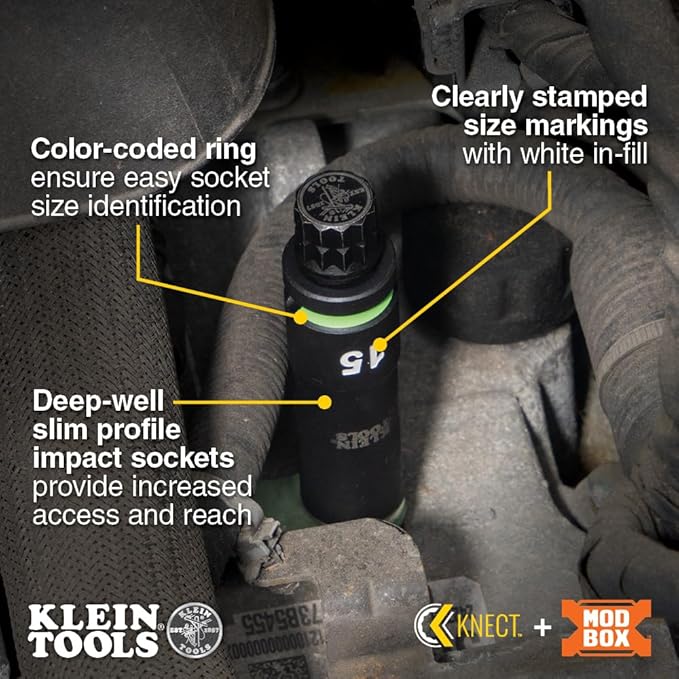 Klein Tools 65111IMPCTM KNECT Deep Well Impact Socket Set, 1/2-Inch Drive, Metric, Color Coded, MODbox Case, Impact Adapter and Extension, 14-Piece