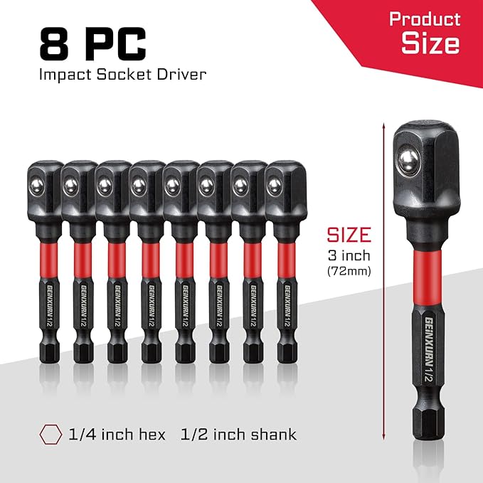 8Pcs Impact Socket Adapter Set,1/2" Drive Square, 3 Inches Extension Bit Socket Driver Set, Adapt Your Power Drill to High Torque Impact Wrench