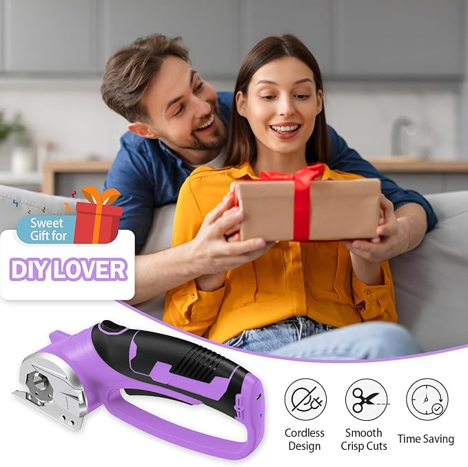 Cordless Electric Scissors, 4V Rechargeable Box Cutter & Cardboard Cutter with Titanium Blade, LED Light, Safety Lock - Rotary Cutter for Fabric, Leather, Carpet, Plastic, Crafting, Sewing(Purple)