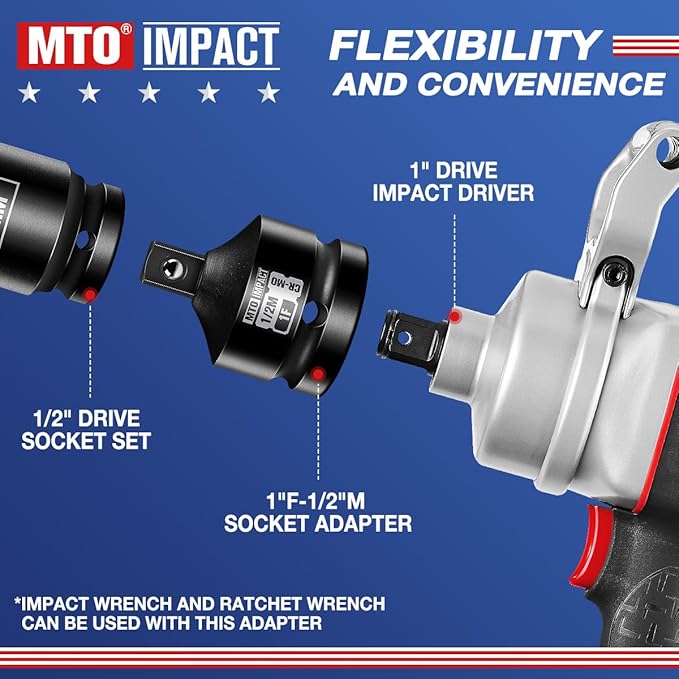 MTO 1" Female to 1/2" Male Impact Socket Adapter, 1-Inch Impact Socket Reducer, Chrome Molybdenum Alloy Steel, for Impact Wrench & Ratchet Use