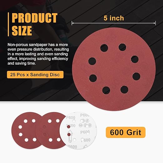 25 Pack 5 Inch Sanding Disc 600 Grit 8 Hole Round Hook and Loop Sandpapers Fit for Orbital Sander Automotive or Cars Repairing, Grinding or Polishing, Red