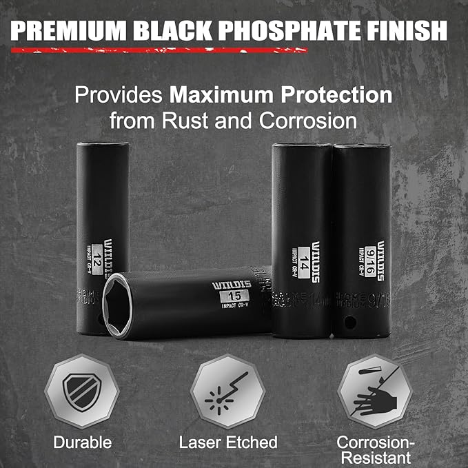 21 Pieces 3/8" Drive Deep Impact Socket Set, Standard SAE (5/16"to 3/4") & Metric (7mm to 19mm), 6 Point Design, Deep, Premium Cr-V Steel