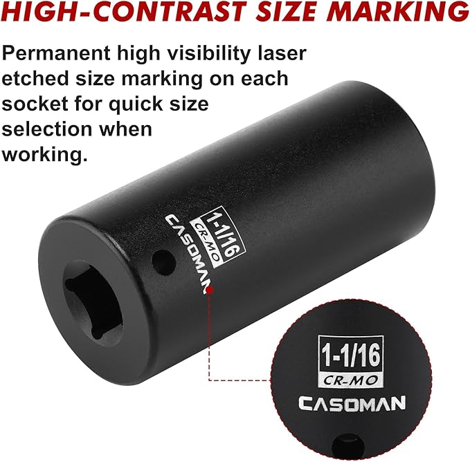 CASOMAN 1/2" Drive x 1-1/16" Deep Impact Socket, 6-Point, SAE, CR-MO