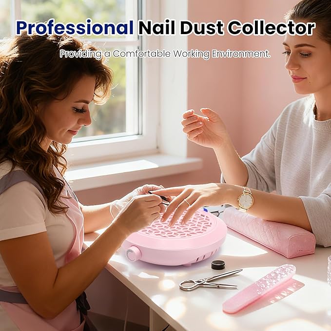 Pink Nail Dust Collector Quiet, Mini Portable Nail Vacuum Dust Collector Nails Tech Ventilation System With Reusable Filter And Duster, 4500 Rpm Nails Fan For Acrylic Gel, Magnetic Design.