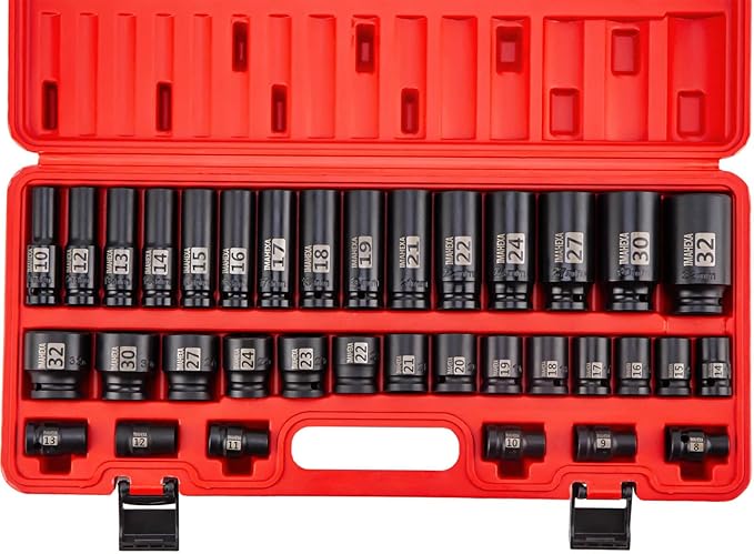 35 Pieces 1/2-Inch Drive Deep Impact Socket Set,Metric Sizes(10 to 32mm),Deep CO-MO Meterial Socket,With Premium Red Socket Organizer,6 Point