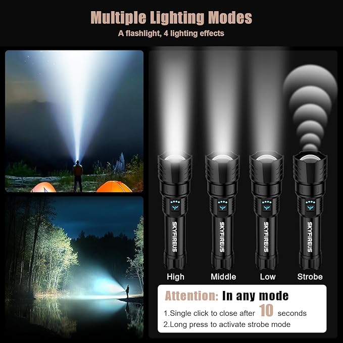 SKYFIRE Rechargeable Flashlights High Lumens,5000mAh Super Bright Flashlight Waterproof Powerful LED Tactical Flash Light for Camping Essentials Outdoor Home&Gifts