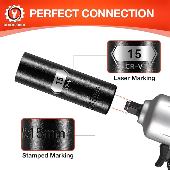 BLACKROBOT 1/2 Inch Drive 6-Point Deep Socket, 15mm Deep Impact Socket, CR-V Steel