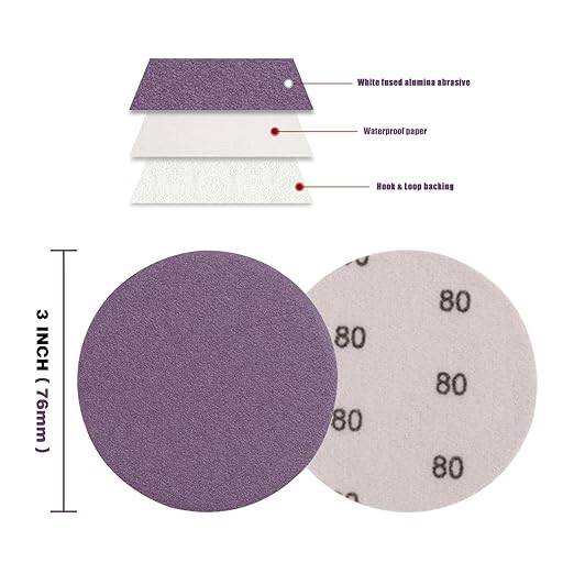 POLIWELL 148Pcs 3 Inch Sanding Discs Hook and Loop, Purple Alumina Abrasive Sandpaper (80-5000 Girt) with 1/4??Backing Pad and Soft Interface Pad for Wood, Metal, Drywall, Polishing, Grinding