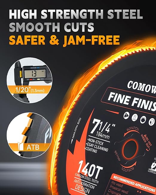 COMOWARE 7-1/4“ Circular Saw Blade, 140T Table Saw Blade, 5/8" Arbor, ATB Circular Saw Blade, Anti-Vibration, Teflon Anti-Stick, Miter Saws Blades for Wood, Laminate, Plywood & Hardwoods