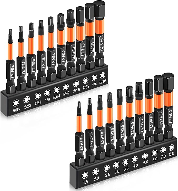 20PCS Premium Hex Bit Set, Impact Allen Wrench Drill Bit Set (Metric&SAE), 1/4??Hex-Shank S2 Alloy Steel Key Drill Bit Set with Magnetism, CNC Machined Tips, 2" Long with Storage Box