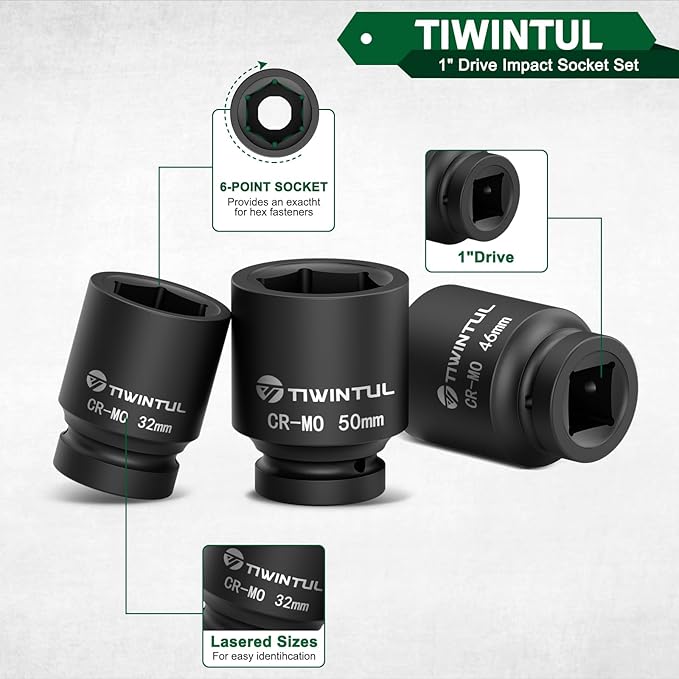 1 Inch Drive Deep Impact Socket Set,15 Pcs, Metric, CR-MO, 17/19/21/22/24/27/30/32/34/36/38/41/46/50/55mm Heavy Duty Large Sockets for Truck, Excavator & Industrial Use, with Metal Case