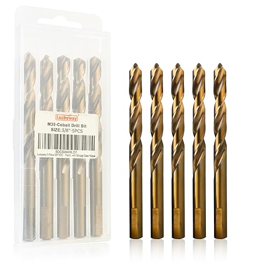 Luckyway 3/8" Cobalt Drill Bit (5 Pcs), Jobber Length Twist Drill Bit Set for Hard Metal, Stainless Steel, Cast Iron, Wood and Plastic, with Storage Case