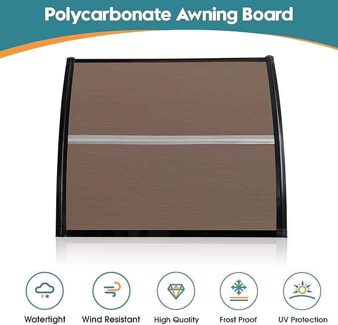 MCombo 39.8" x 37.8" Window Awning Outdoor Polycarbonate Hollow Sheet Door Patio Canopy, 6055-4040 (Brown Board with Black Bracket)