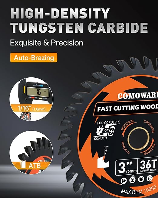 COMOWARE 3 Inch Circular Saw Blade 3 PCS, 36T ATB Circular Saw Blade, 7/16" Arbor 3/8“ Bushing, TCT Carbide-Tipped, Teflon Anti-Stick, Miter Saws Blades for Wood, Laminate, Plywood & Hardwoods