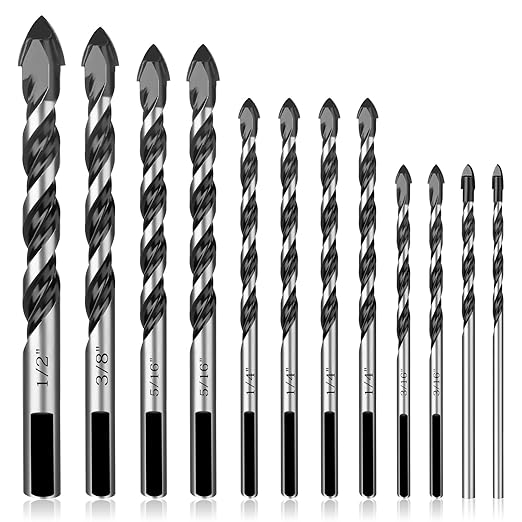 12Pcs Masonry Drill Bit Set, Concrete Drill Bit Set, 1/8 to 1/2 inch Professional Carbide Drill Bits Set for Glass, Brick, Plastic, Cement, Concrete, Granite, Wall, Wood, Tile Etc.
