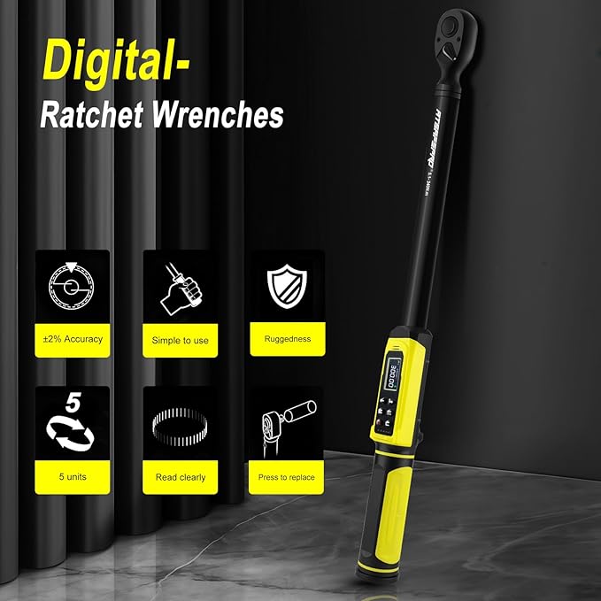 ATsafepro Digital Torque Wrench-1/2-Inch Drive & 5.1-340Nm (3.8-250.8 ft-lb), Heavy Duty Torque Wrench with Buzzer, 5 Units, 짹2% Accuracy for Trucks & Machinery