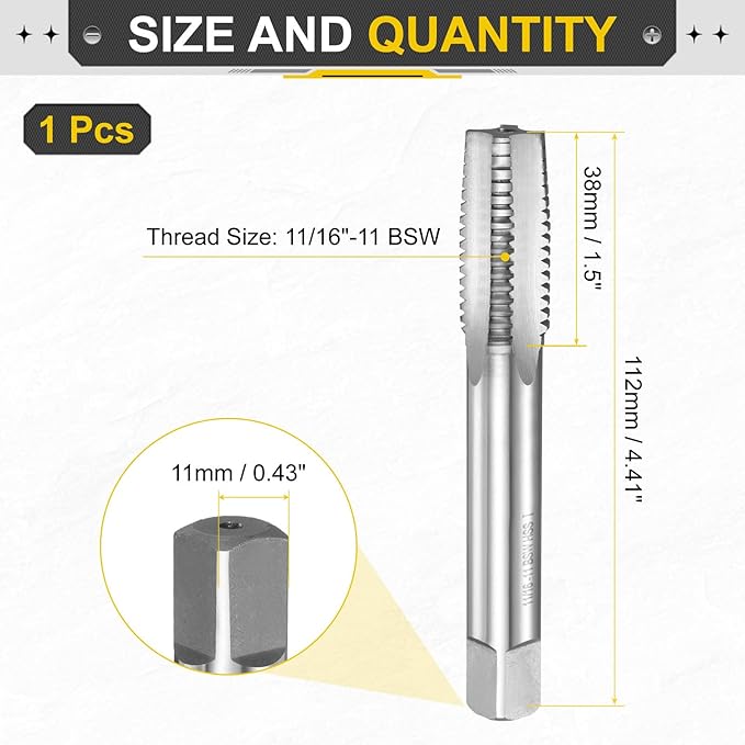 uxcell Hand Taper Tap 11/16"-11 BSW Thread Taper Style Taps Straight Flute Screw Tapping Threading Tool High Speed Steel HSS6542