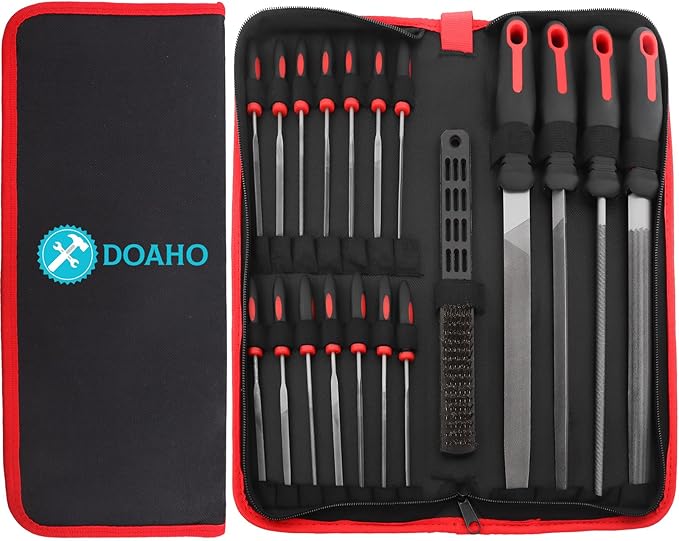 19Pcs Metal File Set,Files Tool Kit for Woodworking with Needle File,Flat,Round,Half-Round,Triangle Shapes,Brush & Carry Case for Sharpening,Wood and Steel Deburring,Craft
