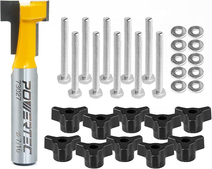 POWERTEC T Track Router Bit & 10 Sets of 1/4" Hex Bolts T-Track Knobs Kit, Tungsten Carbide Tipped T Track Router Bit, 1/4" Shank, 7/16" Dia. for Picture Frames, T Track Accessories (73032)
