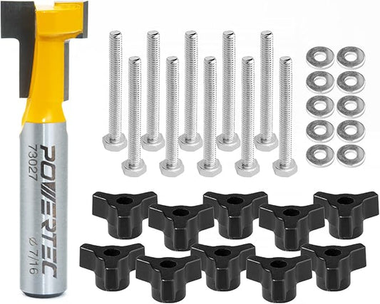 POWERTEC T Track Router Bit & 10 Sets of 1/4" Hex Bolts T-Track Knobs Kit, Tungsten Carbide Tipped T Track Router Bit, 1/4" Shank, 7/16" Dia. for Picture Frames, T Track Accessories (73032)