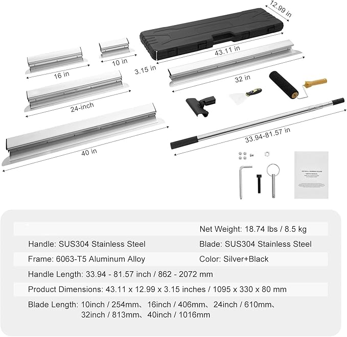 Drywall Skimming Blade Set Knife Combo 10/16/24/32/40 Inch & 34-81 Inch Handle