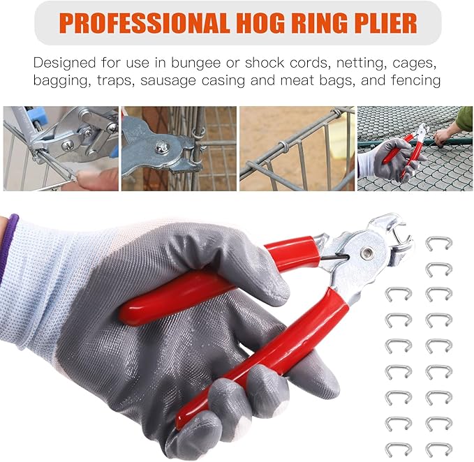 Tanstic 1001Pcs 3/8'' Hog Rings and Hog Ring Plier Kit, 1000Pcs Galvanized Hog Rings and Hog Ring Plier with Cut Resistant Gloves for Bungee, Animal Pet Cages, Bagging, Fencing and Furnitures