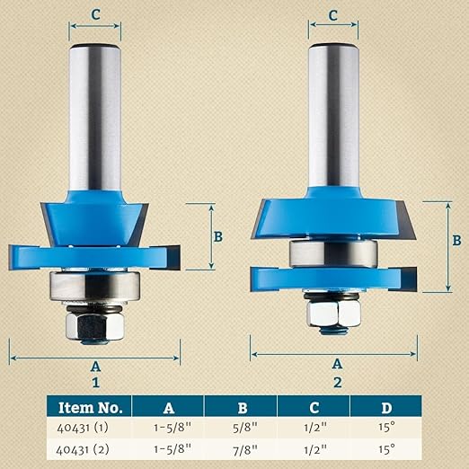 ROCKLER Shaker Rail & Stile Router Bits 1/2 Shank (Set of 2) Precision Balanced Cutter for Smooth Operation - Cabinet Door Router Bits for Stick Joints