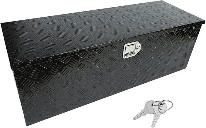 confote 44" Heavy Duty Aluminum Stripes Plated Tool Box Pick Up Truck Bed RV Trailer Toolbox Waterproof Square Storage Organizer with Side Handle, Lock with Keys -44"x 15"x 15"竊똁lack