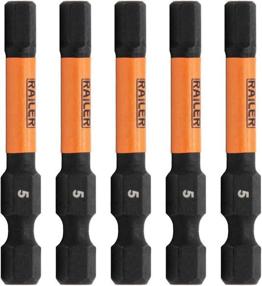 Hex 5mm Impact Driver Bit - Railer Allen Wrench Drill Hex Bits. 1/4 Quick Release S2 Steel 2 inch 5mm Hex Bits. (5 Pack)