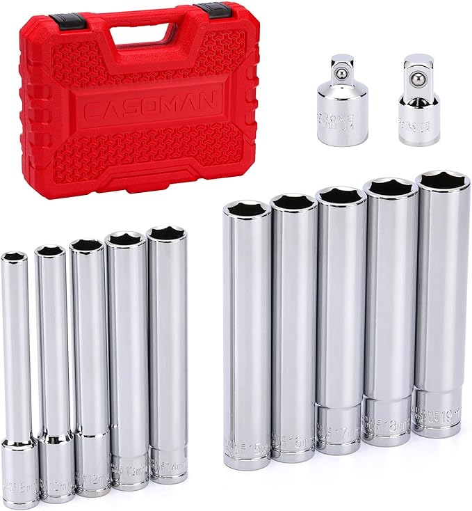 CASOMAN 12 PCS 3/8-Inch & 1/2-Inch Drive Extra Deep Socket Set with Storage Case, 6 Point, 8mm to 19mm, Metric, CR-V, Include Adapters