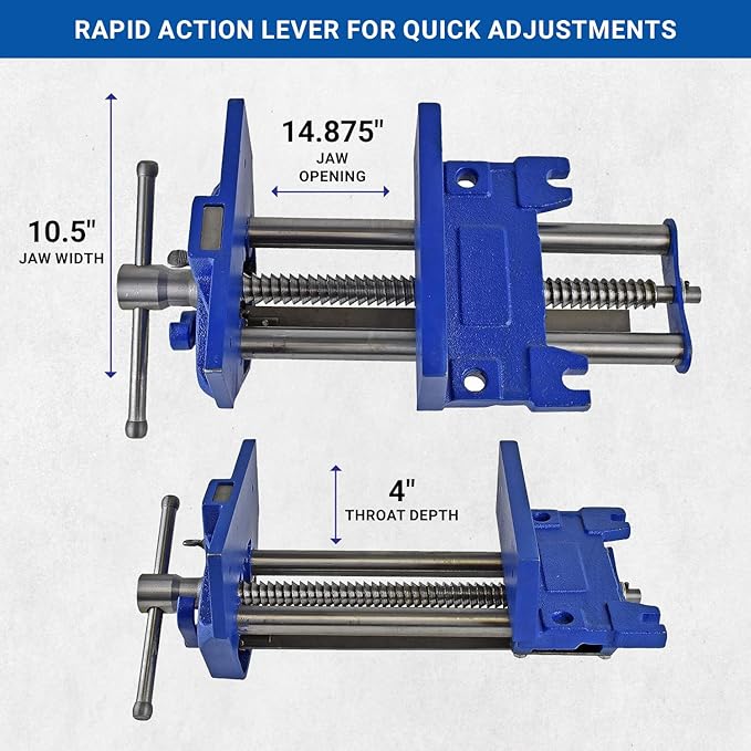 Yost Vises M10WW Rapid Action Woodworking Vise | Quick Release Lever for Quick Adjustments | 10 Inch Jaw Width | Made with Heavy-Duty Cast Iron | Blue