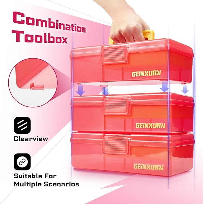 Plastic Tool Box with Lids and Handle,Portable Small Part Organizer Mini Clear Storage Case for Hardware,Screws,Bolts,Nails,Beads,Jewelry and Fishing Accessories Storage,Home DIY(Red)