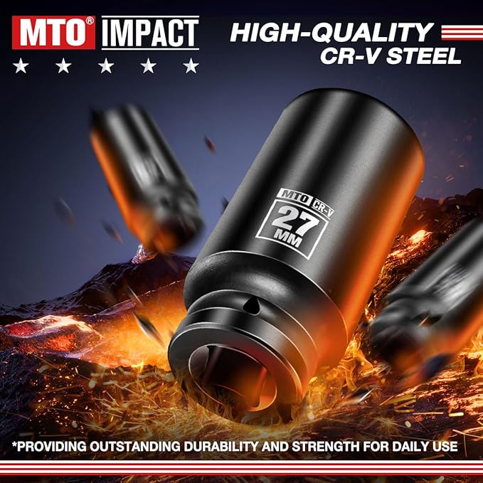 MTO 1/2" Drive 27mm Deep Impact Socket, 6-Point Metric Socket for Automotive Maintaince, CR-V Steel Meets ANSI Standards