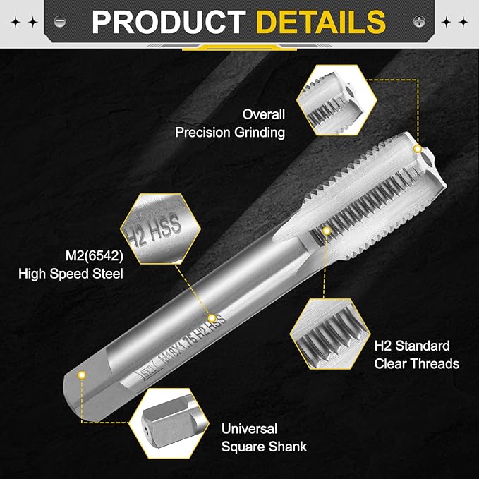 uxcell Hand Plug Tap M18 x 1.75 H2 Metric Thread Plug Style Taps Straight Flute Screw Tapping Threading Tool High Speed Steel HSS6542
