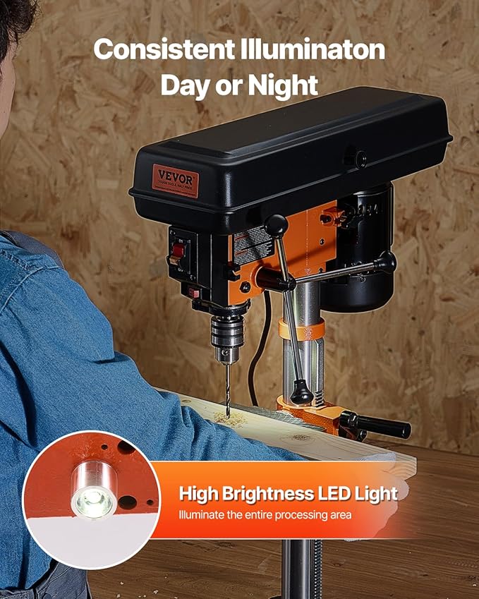 VEVOR Benchtop Drill Press, 3.2 Amp and 5-Speed Adjustable Drill Press with 10 in Swing, Cast Iron Frame, Worktable Tilts 0-45째, Ideal for Drilling Wood & Metal