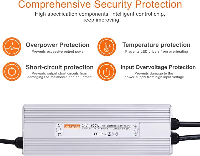 LED Driver 24V1600W Waterproof Power Supply AC 90-130V to DC 24V66.6A Low-Voltage Transformer IP67 Switching Power Supply Suitable for High-Power LED Lighting and Any 24V DC Equipment