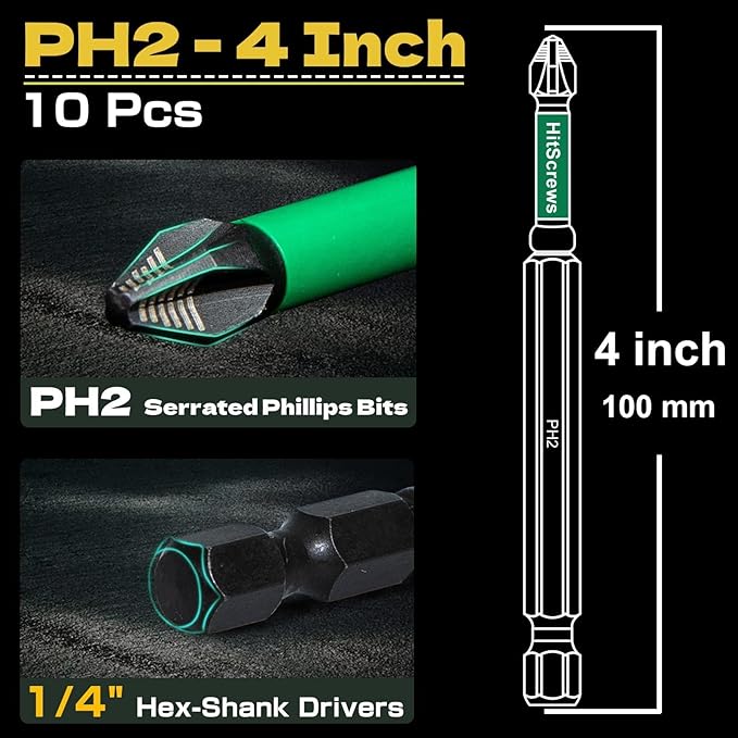 Anti Slip Magnetic Phillips #2 Screwdriver Bits-4 Inch, New Precision Laser-Etched Micro-Slip Grip, Impact Resistant S2 Steel PH2 Impact Driver Bits For Heavy-Duty Repairs and Assembly | 10 Pack