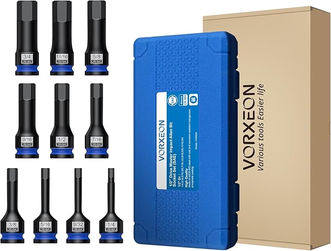 10 PCS 1/2" Drive SAE Impact Allen Hex Bit Socket Set 42CRMO with Storage Case 1/4” 9/32” 5/16” 3/8” 7/16” 1/2” 9/16” 5/8” 11/16” 3/4”