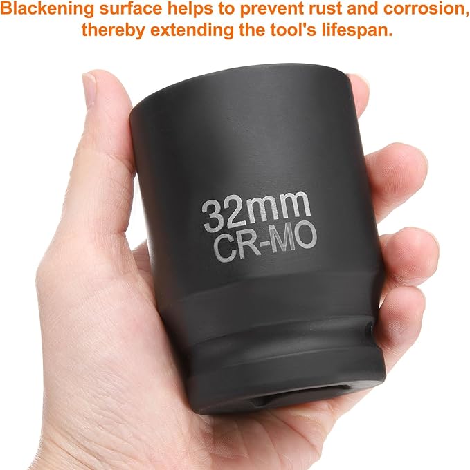 HARFINGTON 4 Point Square Socket 1" Drive 32mm Metric Square Impact Socket CR-MO Blackening Standard Wheel Sleeve Pneumatic Sleeve Tool for Auto Repair Mechanical Maintenance Home Use